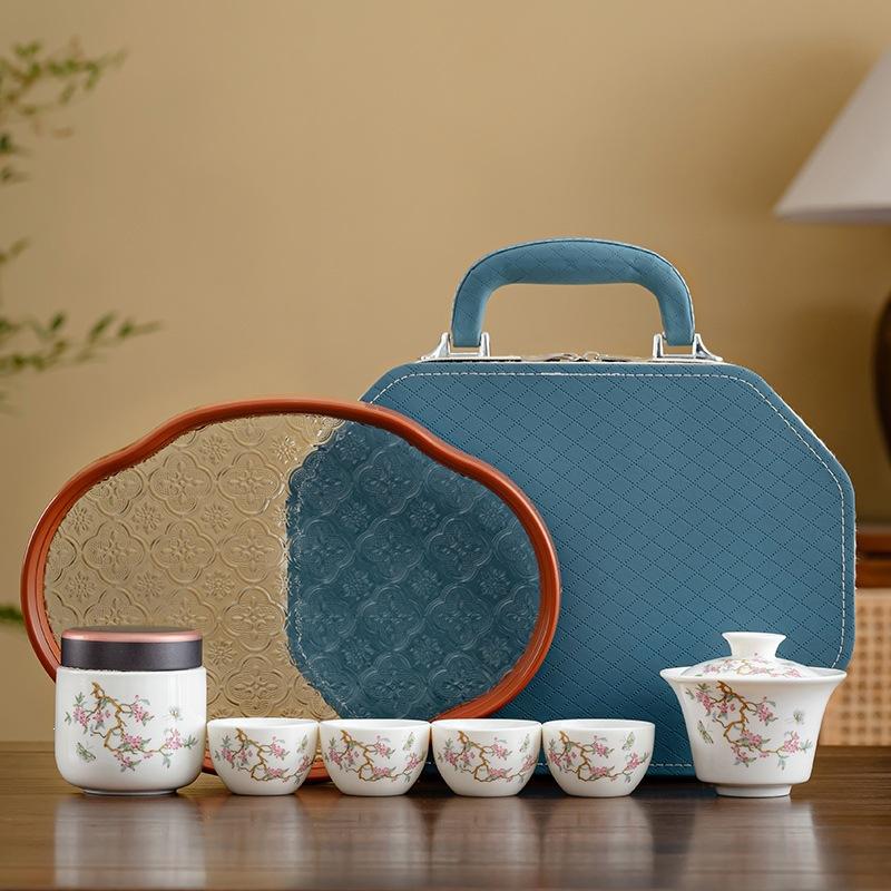 Portable tea set Wisteria flower cover bowl set Travel outdoor Kung Fu camping Dehua suet jade ceramic Kuaike tea set