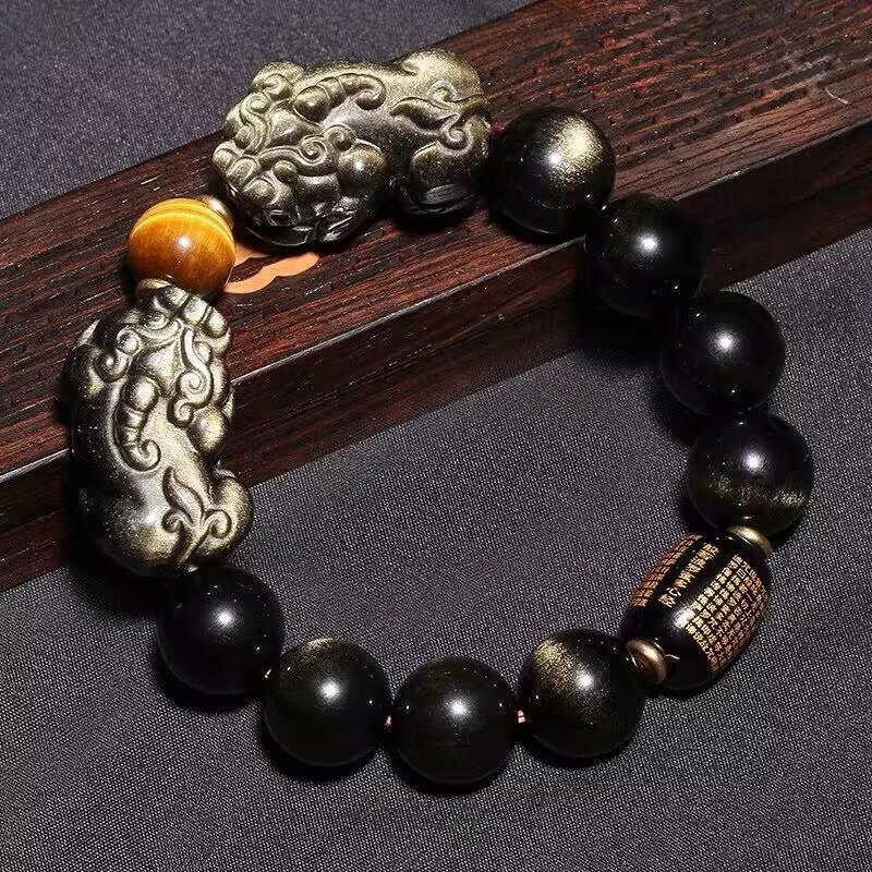 Men's Black Gold Obsidian & Tiger Eye Wealth Bracelet with Heart Sutra Bead