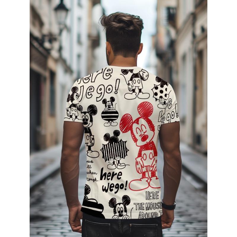 Retro Hand-Drawn Mickey Mouse Pattern Men's Beige T-shirt Casual Top