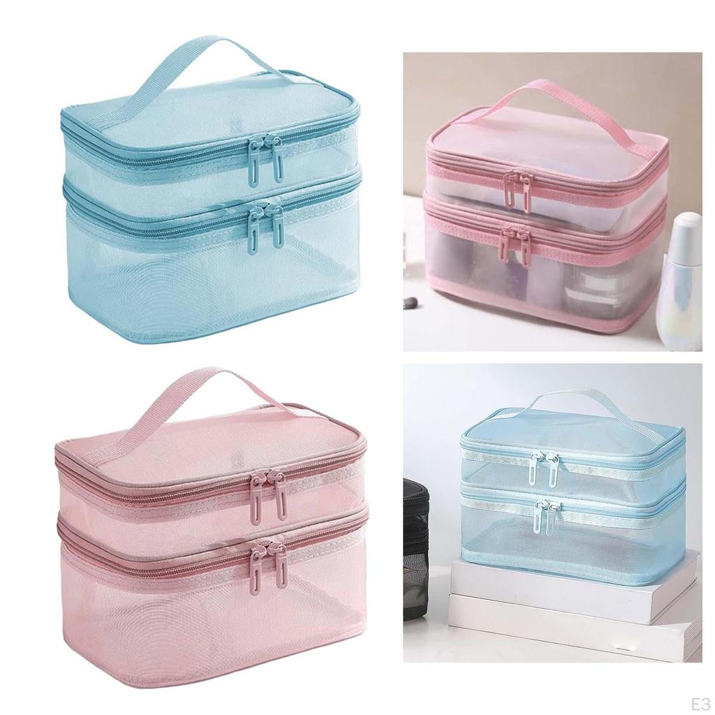 Double Layer Cosmetic Bag Toiletry Clear with Handle Multifunctional Foldable Travel Makeup