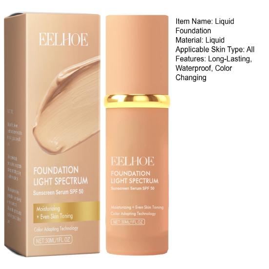 30ML Color Changing Foundation SPF 50 Light Spectrum Hydrating Liquid Foundation Long-Lasting Waterproof Face Makeup Concealer for All Skin Types