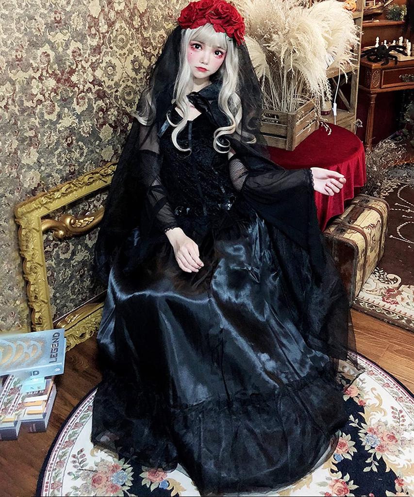Milky Time Halloween Cosplay Zombie Vampire Ghost Costume with Rose Bride, Cute and Sexy Zombie Bride Long Black Hair (M)