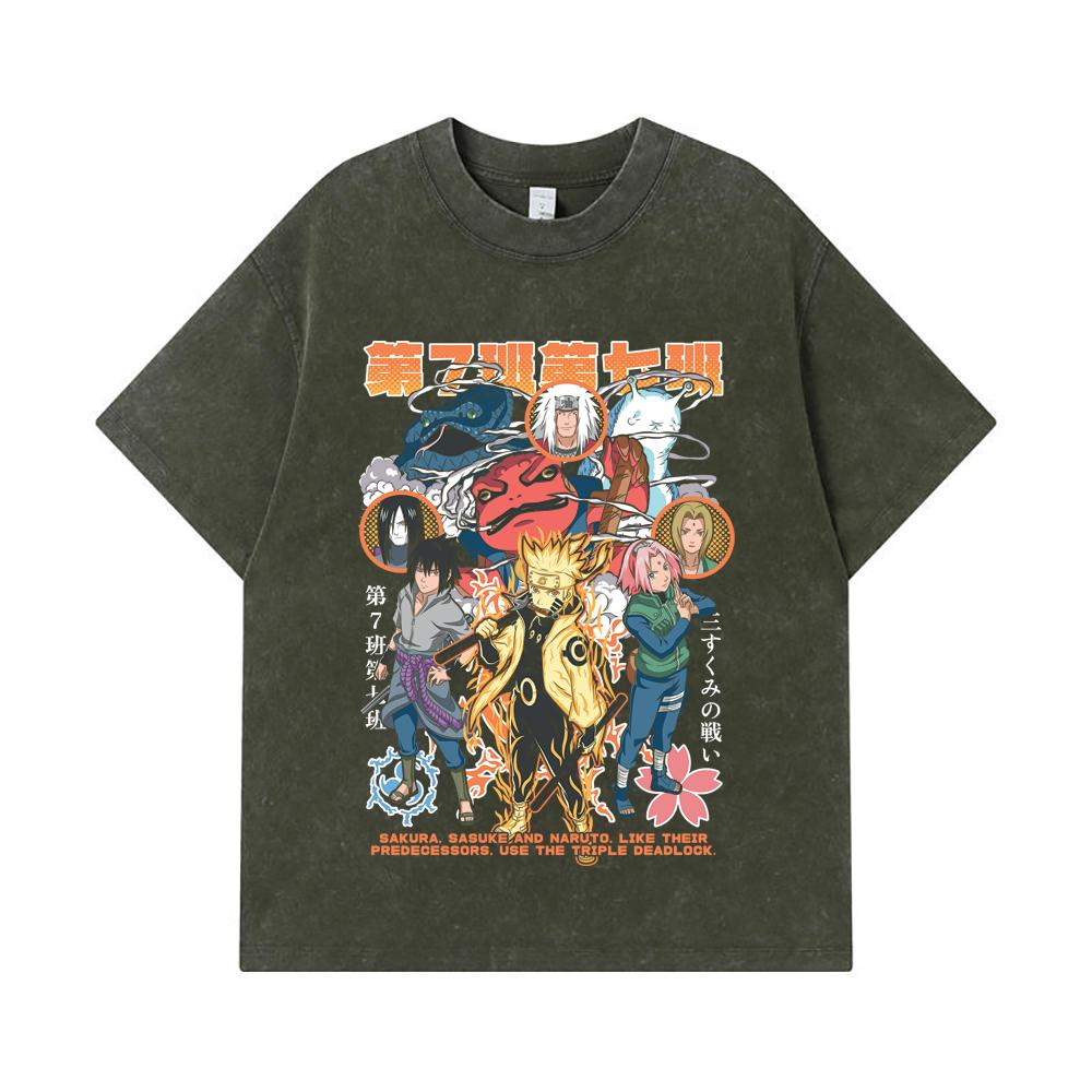 

275 GSM Washed T-shirts 100% Cotton Naruto V6 Print Unisex Heavy Cotton T Shirt S армия зеленый