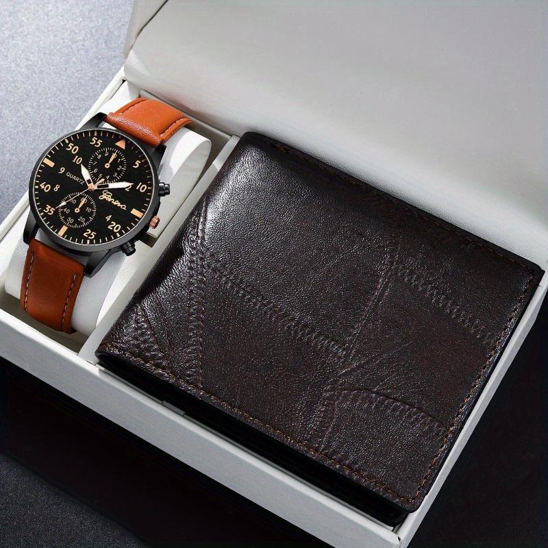

Набор из 2 предметов, мужские модные часы, деловые мужские кожаные кварцевые часы с календарем и коричневые кожаные кошельки, подарок для мужчин