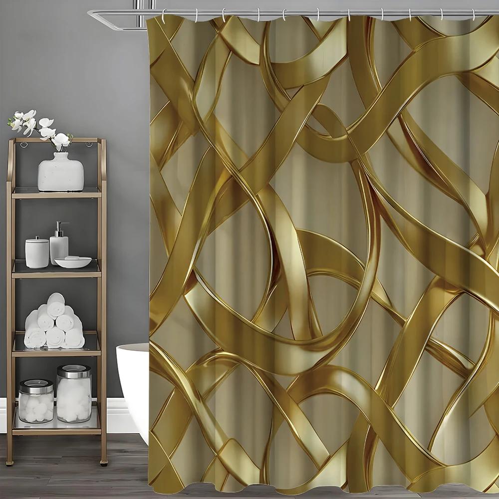 Dunika Chen Gold Abstract Art Line Modern Shower Curtain, Bathroom Decorative Shower Curtain, Waterproof Shower Curtain With Hooks