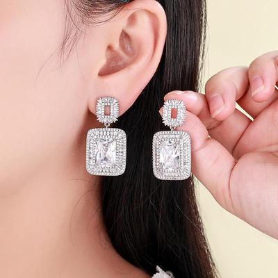 European and American Bold Super Flash Zircon Geometric Square Earrings for Evening Dress