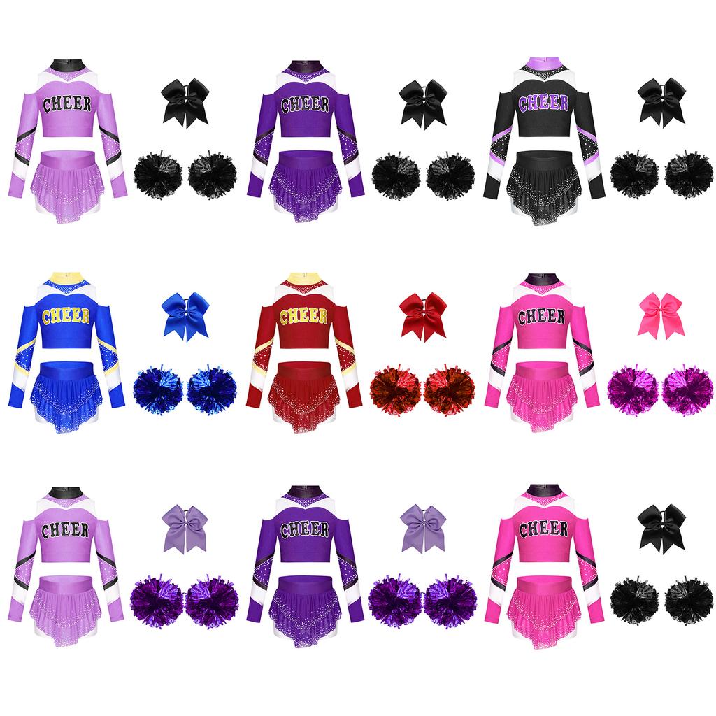 Dívčí cheerleadingová sada Odhalená ramena Dlouhý rukáv Zadní výstřih Klíčová dírka Barevný blok Potisk písmen Zkrácený top Kamínky Sukně Mašle Čelenka Pompony