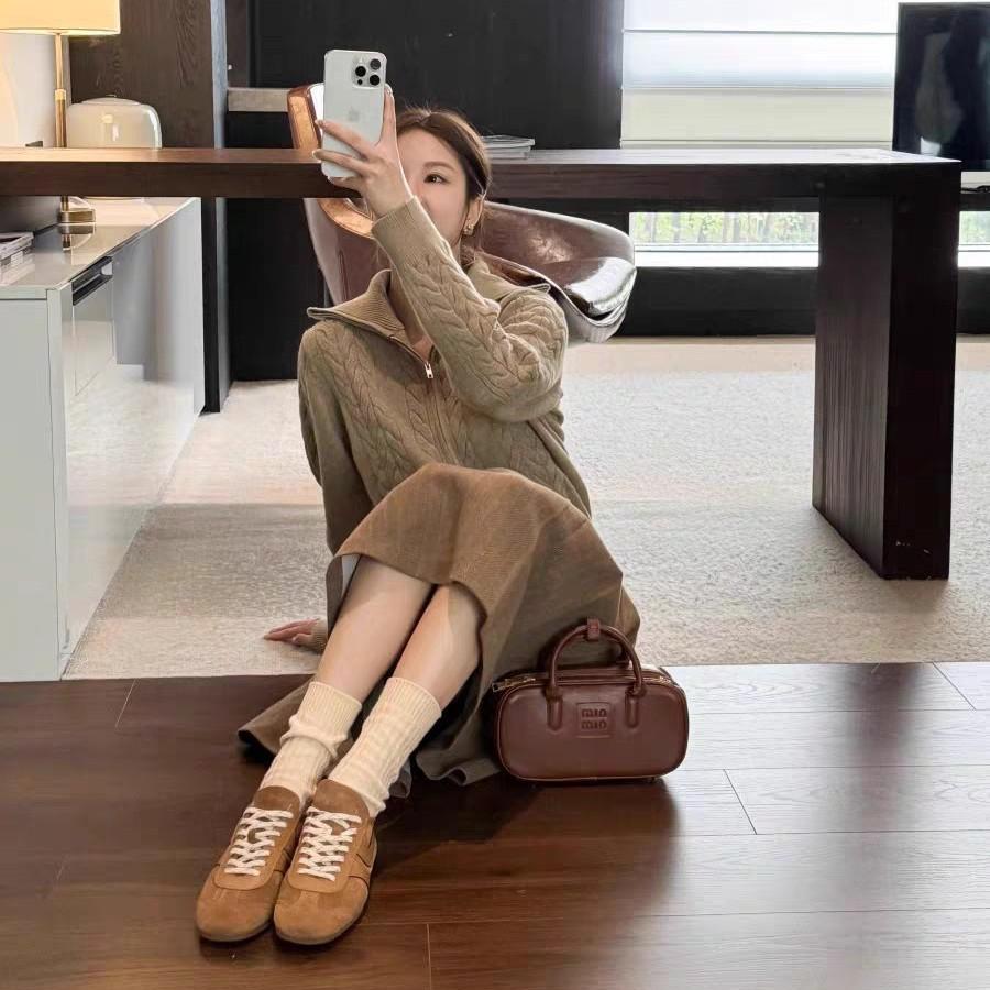 Cowhide version~ Genuine leather Forrest Gump shoes women's casual versatile sports shoes retro contrasting color Maillard brown Dexun shoes