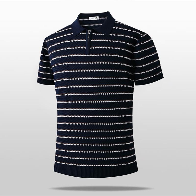 Knitted POLO Shirt Thin Half-zip Striped Polo Shirt Men's Short-sleeved Shirt Top Ice Silk T-shirt