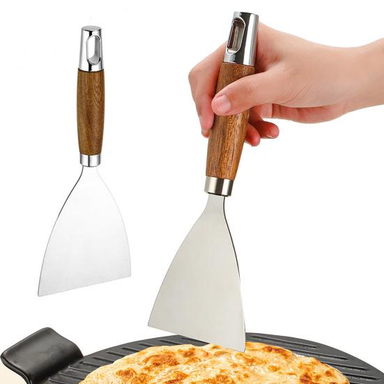 Flat Shovel Stainless Steel Slotted Spatula with Wooden Handle Heavy-Duty Turner for Steak Pancakes BBQ Heat-Resistant Essential Kitchen Tool