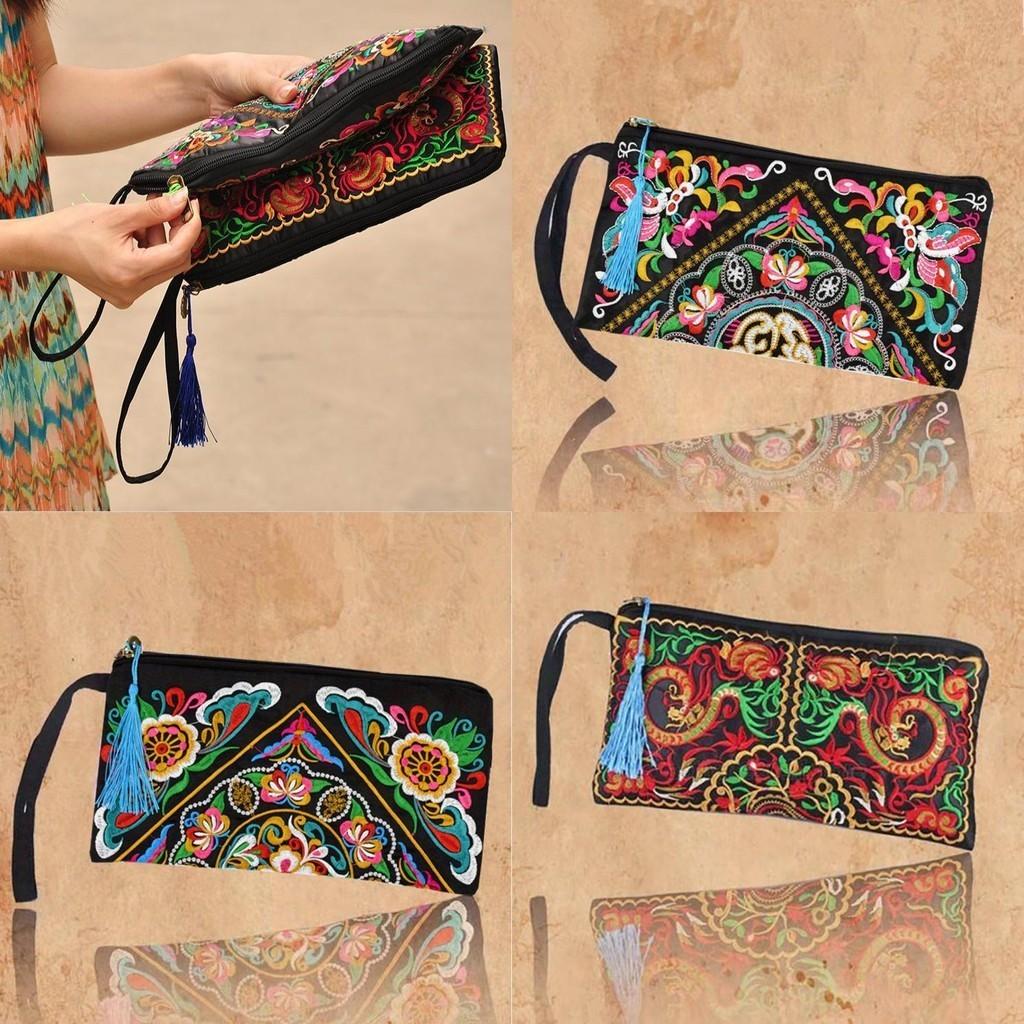 Ethnic Embroidered Long Wallet With Tassel Polyester Fabric Retro Style