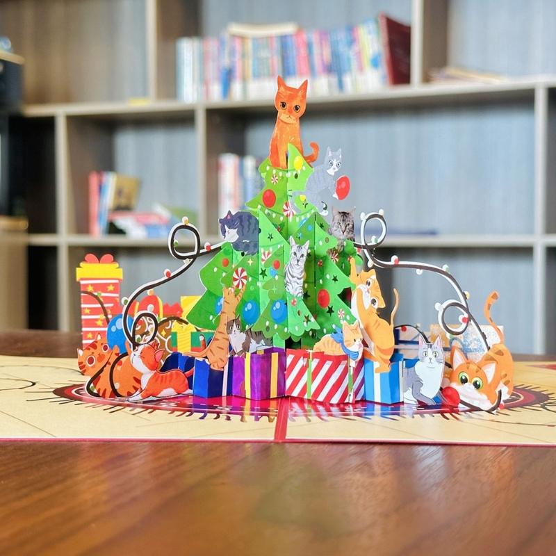 Handcrafted 3D Paper Sculpture Christmas Greeting Card Featuring Cats Design And Recyclable Ecological Friendly Materials