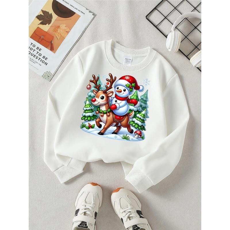 European sizes Christmas Reindeer Snowman Girls' Fashionable Crewneck Sweatshirt, Western Top, Children's Long Sleeved Casual Tee