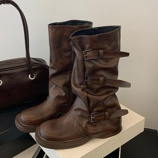 Belt Buckle Sleeve Boots Fashion Round Toe Waterproof Non-slip Block Heel Resistant Mid-leg Boots