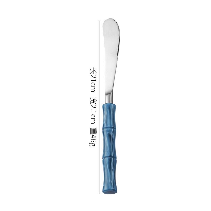 Bamboo Handle Stainless Steel Cutlery Set: Steak Knife, Fork & Dessert Spoon in Gift Box.