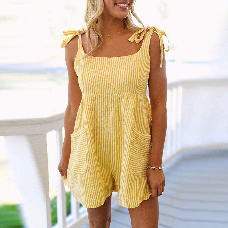 

Summer Thin Sling Square Collar Sleeveless Jumpsuit Women 2025 European and American Loose Casual Stripe Contrast Color One-Piece Shorts Yellow P719 S code fits (45.00 kg-55.00 kg
