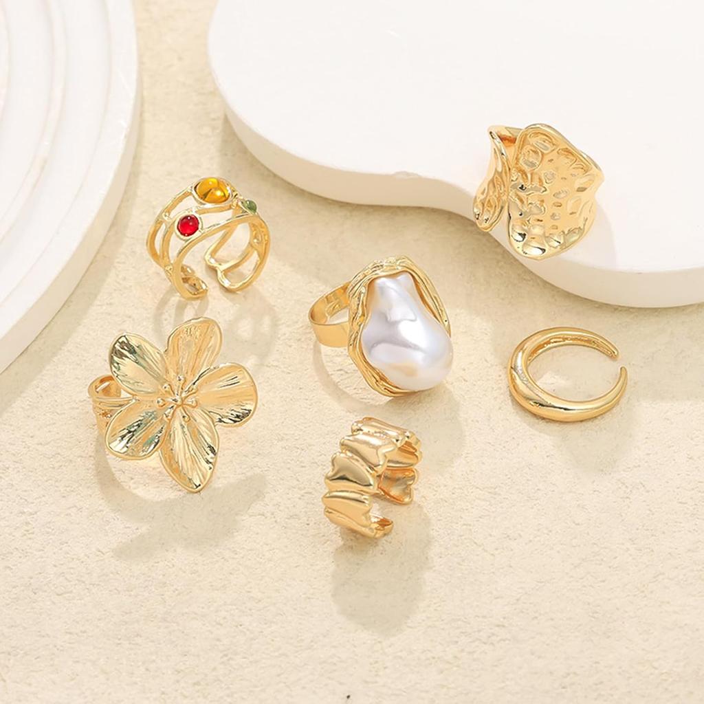 Chunky Gold Rings for Women Non Tarnish Statement Flower Ring Baroque Pearl Stackable Rings Set 6Pcs Chunky Jewelry
