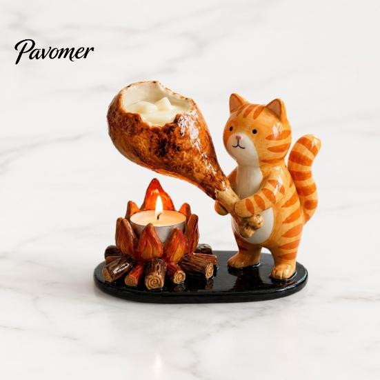 Woodland Candle Decor Campfire Animal Tealight Holder, Durable Resin with Cat Miniature Fox And Dachshund Figurines, Warm Cozy Atmosphere Decorative