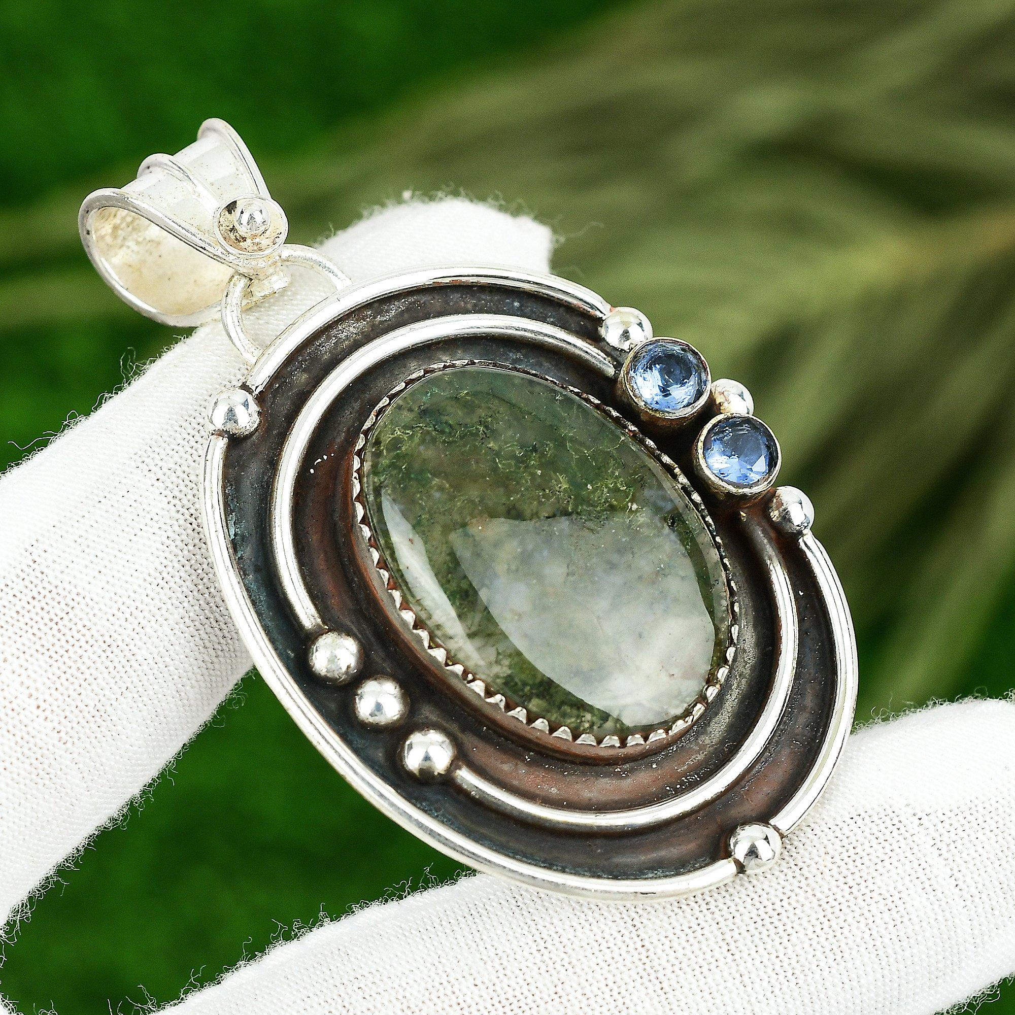 

Солнечный Моховой Агат Драгоценный Камень Иолит Ручной Работы Новый Кулон Ювелирные Изделия Стерлинговое Серебро