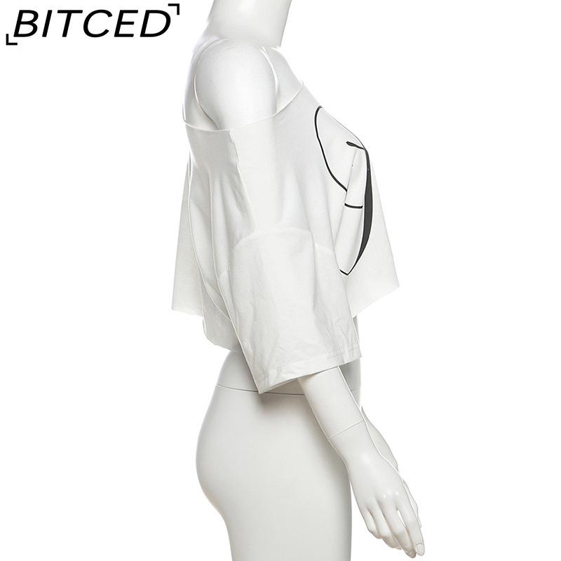 BITCED Spring Women's Solid Color Loose Cropped Top with Fashionable Off-Shoulder Collar and Printed Short Sleeves