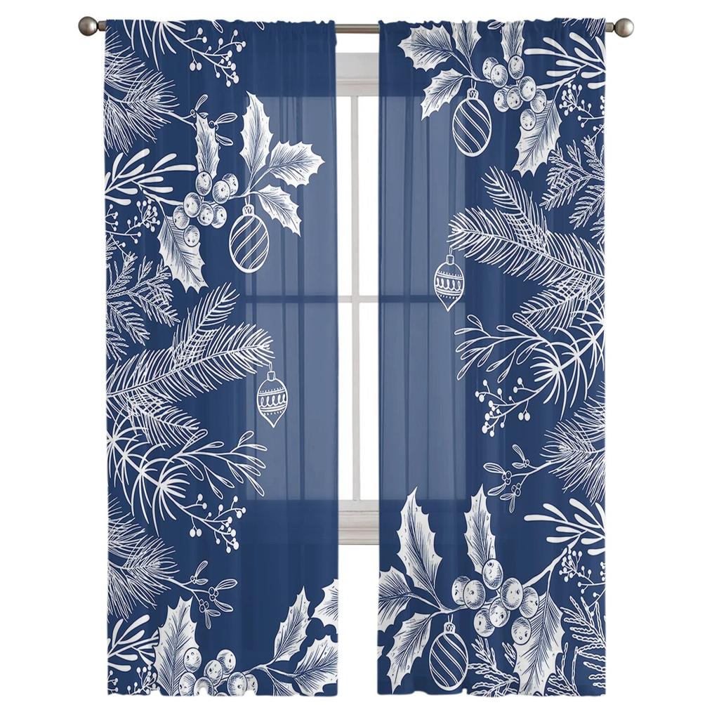 Weihnachten Tannennadeln Blätter Tannenzapfen Fenster Tüll Vorhänge für Wohnzimmer Küche Weihnachten Home Decor Sheer Voile Vorhänge