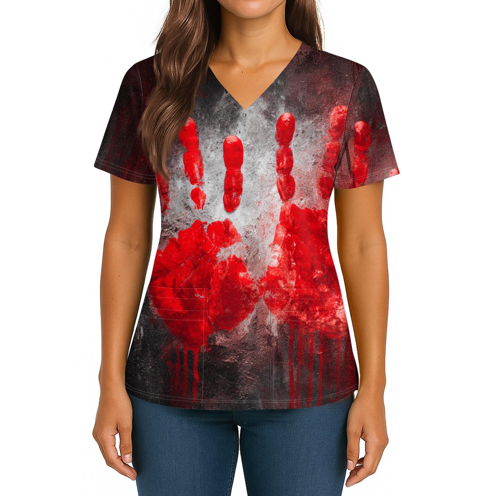 

Женский Хэллоуинский Принт V-образный вырез Двойной карман Короткий рукав Разрез по подолу Топ для униформы/сиделки XXL