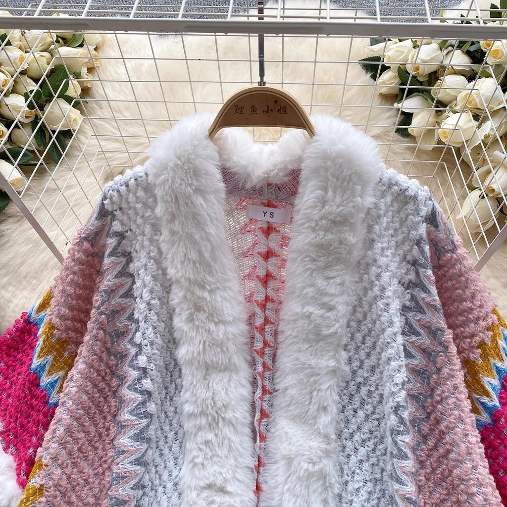 Chic Ethnic Style Color Collision Shawl Sweater Jacket Women Patchwork Soft Warm Hairball Cape Cloak  Knitted Cardigan