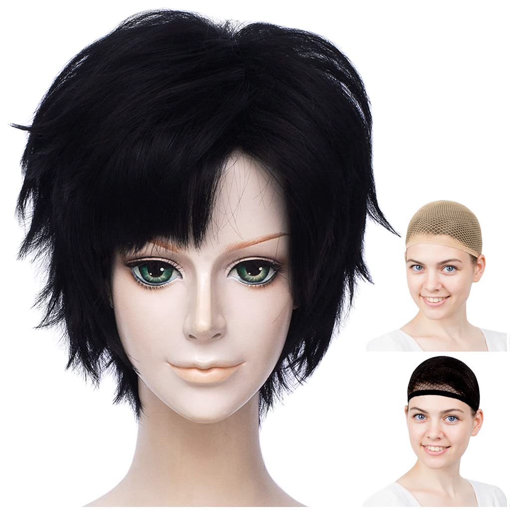 

CaseEden Cosplay Wig, Short Hair, for Male Characters, Stiff Hair, Heat Resistant, Black Hair, Set of 2 Wig Nets