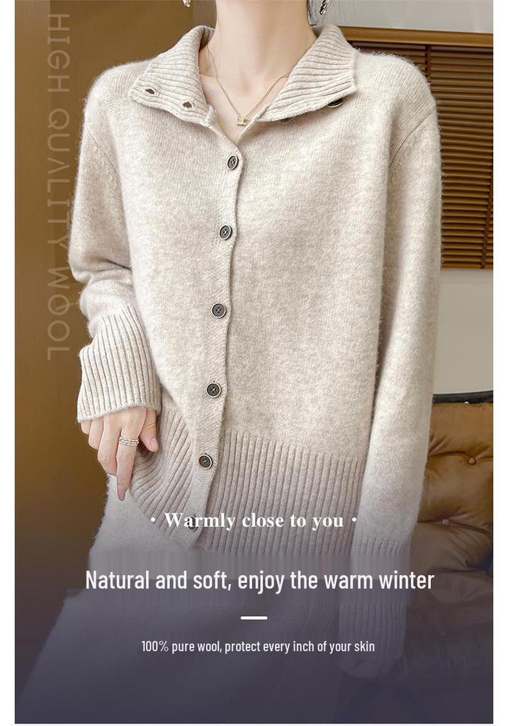 High-End Women's Stand-Up Collar Wool Cardigan Coat - Autumn/Winter Casual Knit Sweater.