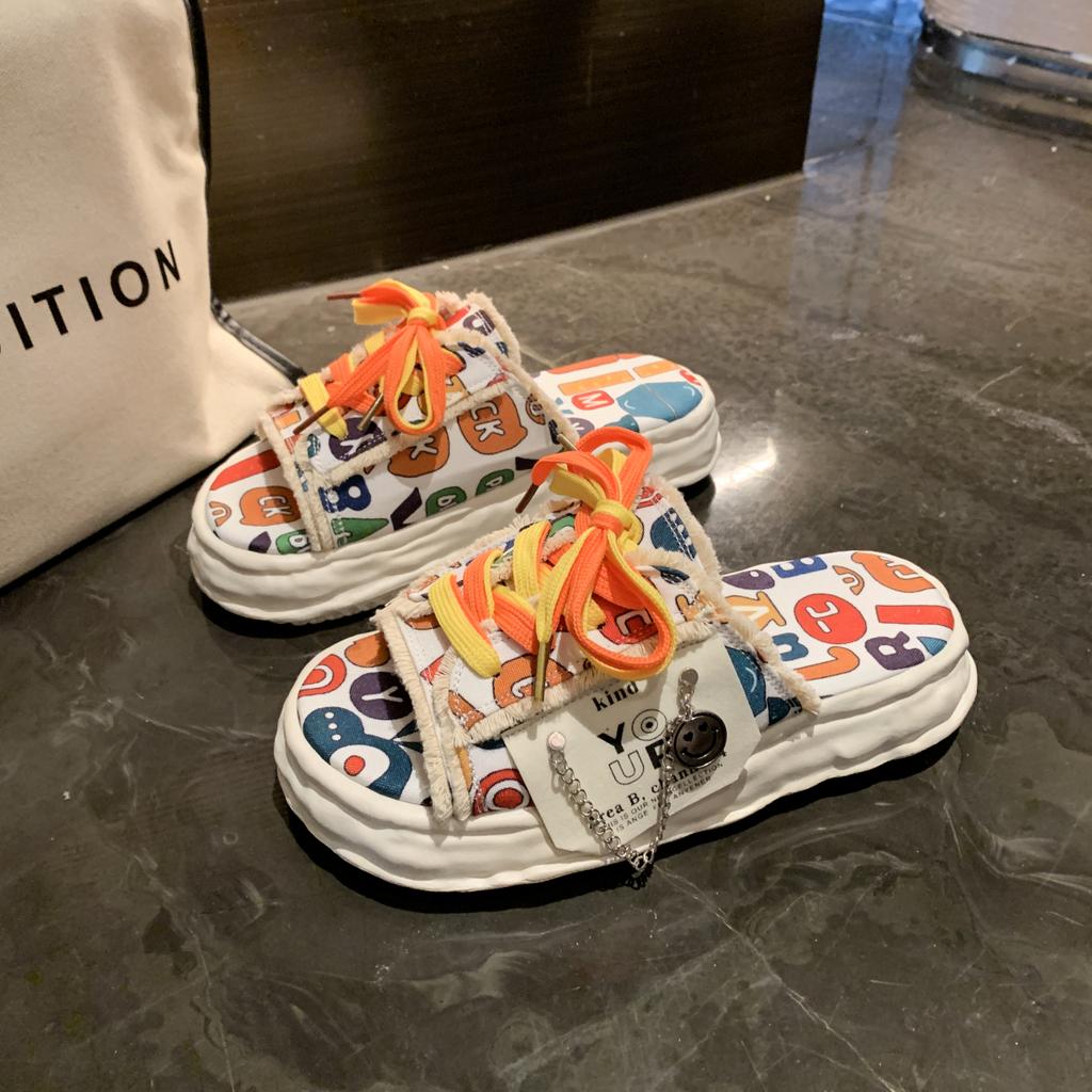 Hausschuhe Dicke Sohle Schuhe Hausschuhe Damen Mode Weich Flach Luxuriös Gummi Stoff Graffiti Kreuzriemen Hausschuh Damen