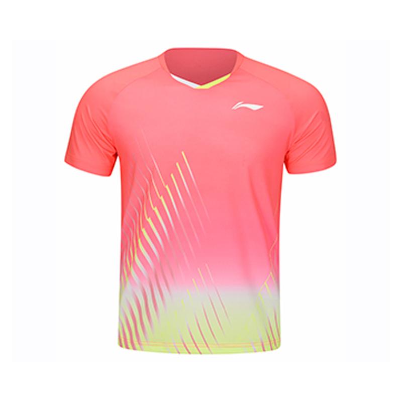 

Li-Ning Градиентная круглая горловина удобная универсальная дышащая футболка с коротким рукавом унисекс топы флуоресцентно-камелия-красный AAYU143-1 3XL