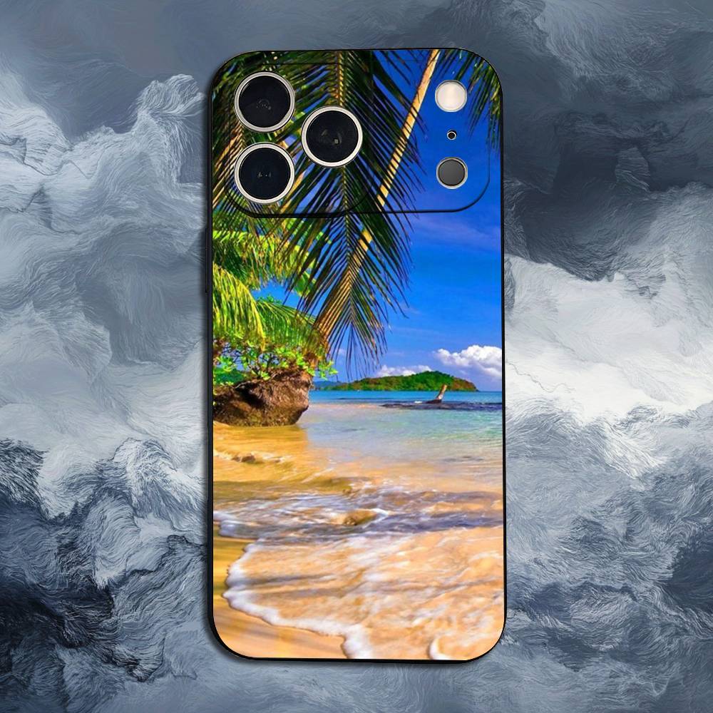 Sea Palm Trees Beach For iPhone 13,16,11,14,17,12,15,Plus,Pro Max,XS,X,XR,SE,Mini,8,7,Phone Case Soft Silicone Black