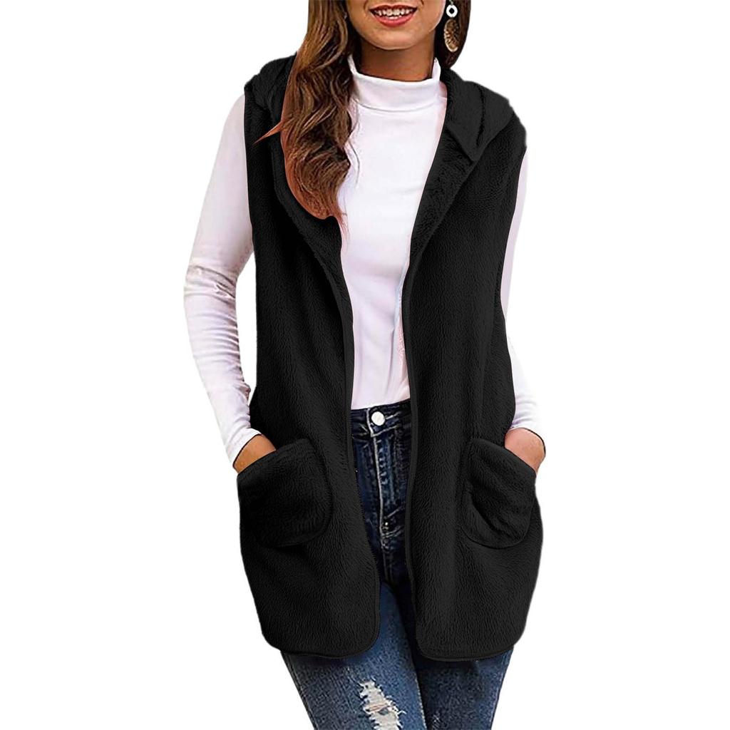 Women's Fashion Solid Color Hooded Sleeveless Plush Cardigan Vest Jacket With Pockets