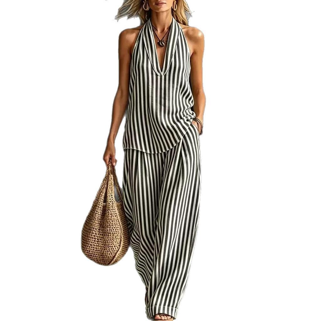 Women Striped Halter Neck Sleeveless Jumpsuit Wide Leg Pants with Pocket