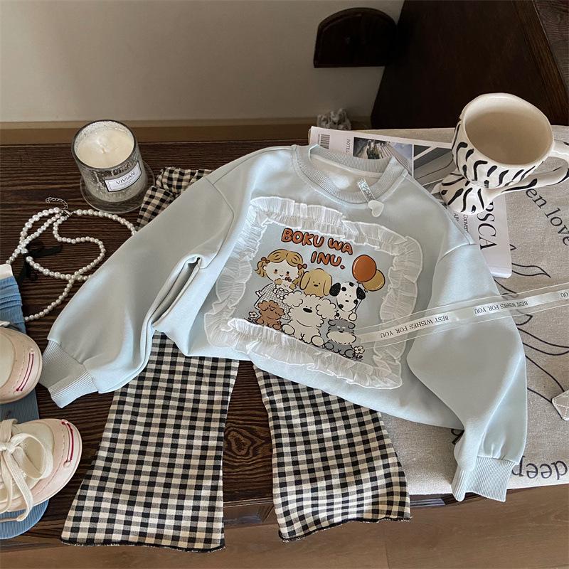 

Korean Children s Autumn 2024 Girls Cartoon Sweatshirt & Plaid Flared Pants Set 110cm