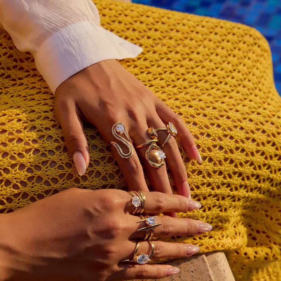 18K Gold Plate Stainless Steel Rings Modern Minimalist Lines Double-layer Hollow Geometric Zircon Open Ring