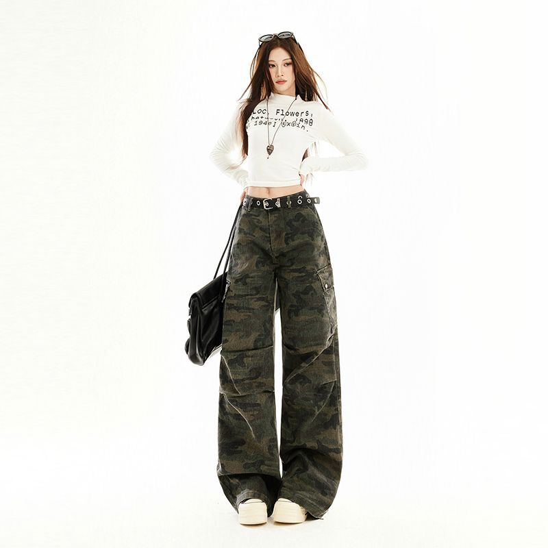 Early Spring High Street Camo Relaxed Slim Floor Cargo Wide Leg Denim Pants For Women Casual Pants Oversize Denim Trousers