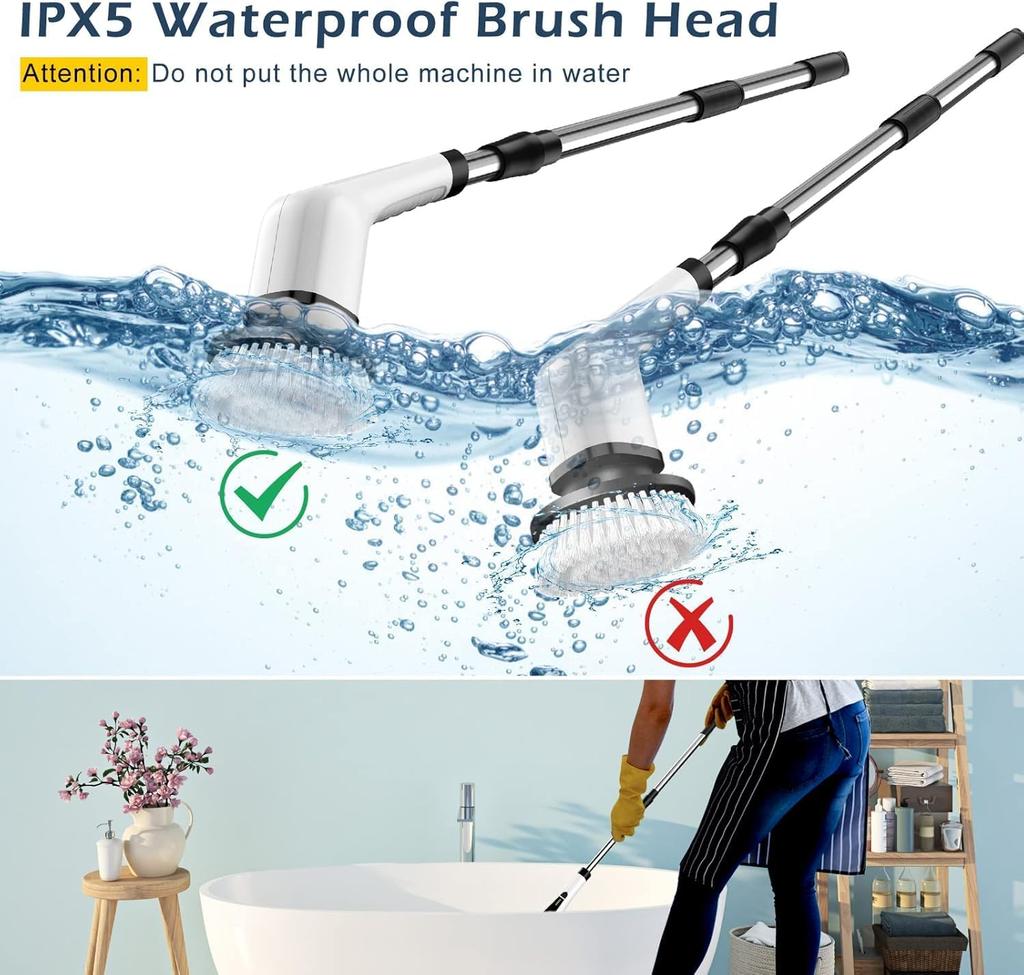 Cordless Cleaning Brush Scrubber for Home, 8 Replaceable Brush Heads, 3 Adjustable Size, 2 Speeds for Ba