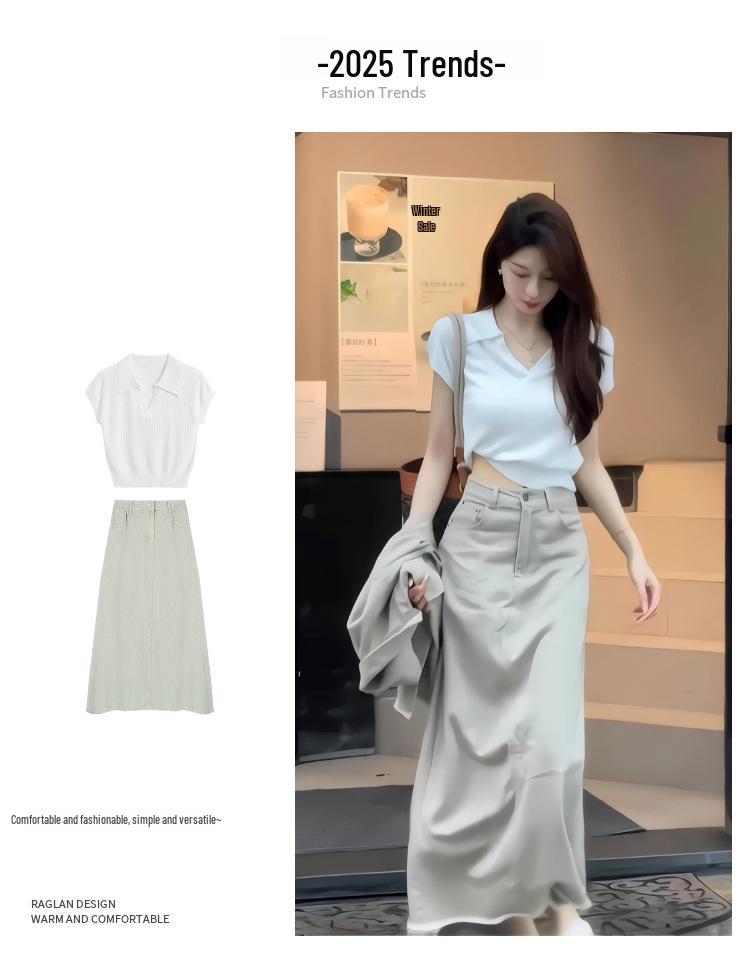 Korean Style Polo Collar T-Shirt & High-Waist Long Skirt Summer Outfit Set