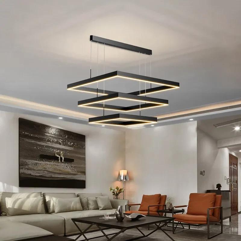 Simple LED square pendant light dining rooms bedrooms living rooms attic Nordic home decor black aluminum lighting fixtures
