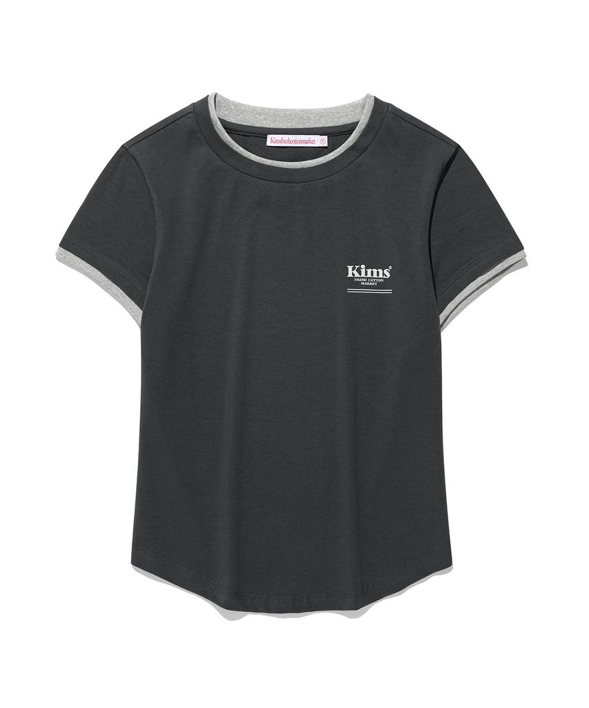 Kimseupeulesikoteunmakes Mini Bomb Line Neck Sleeve Layered T-Shirt Charcoal