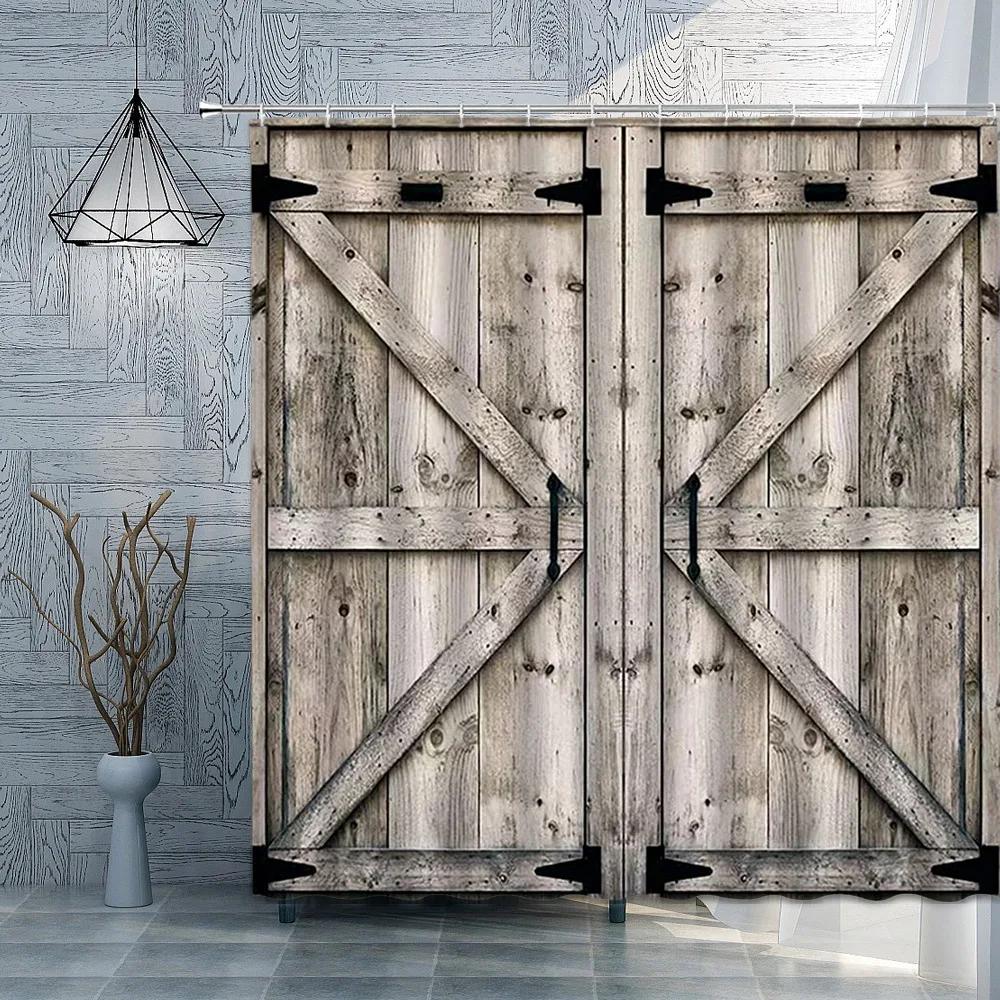 Old Wooden Door Shower Curtain Farm Barn Door Rural FarmHouse Decoration Polyester Fabric Bath Curtain Bathroom Accessories Set