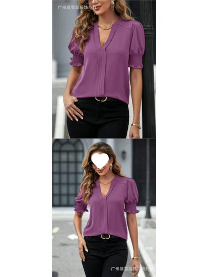 Women's Summer V-Neck Puff Sleeve Solid Color Top