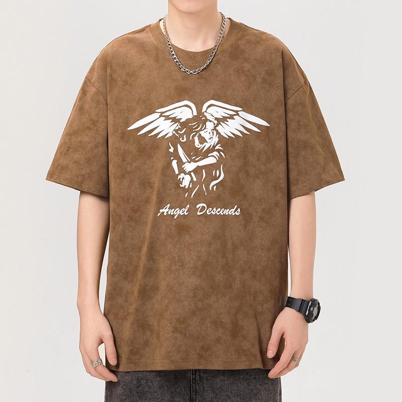 Summer American 230g High-density Knitted Loose Printed Men s T-shirt Short-sleeved M коричневый 4980₽