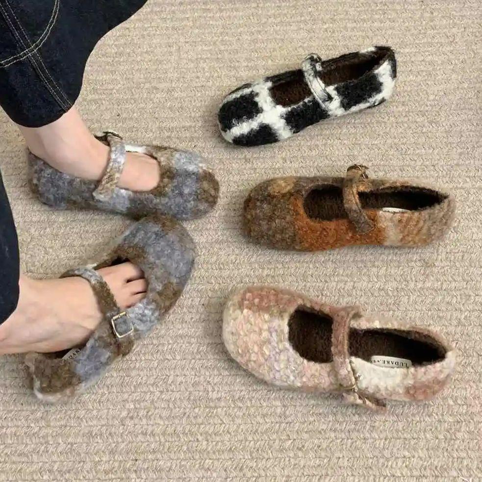 Fashion IPPEUM Mary Janes Shoes Women Winter Ballet Flats Buckle Plush Ballerinas Zapatos Mujer