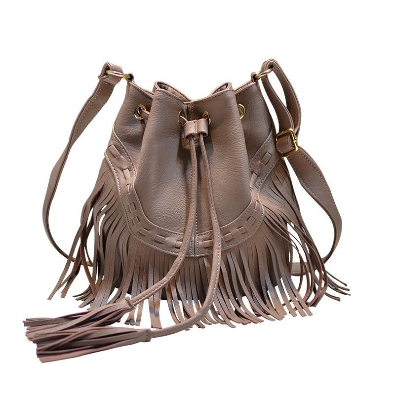 Geantă cu ciucuri din piele PU Geantă de mână în stil european și american cu șnur Geantă retro de umăr Messenger Geantă de mână pentru femei Brand de designer