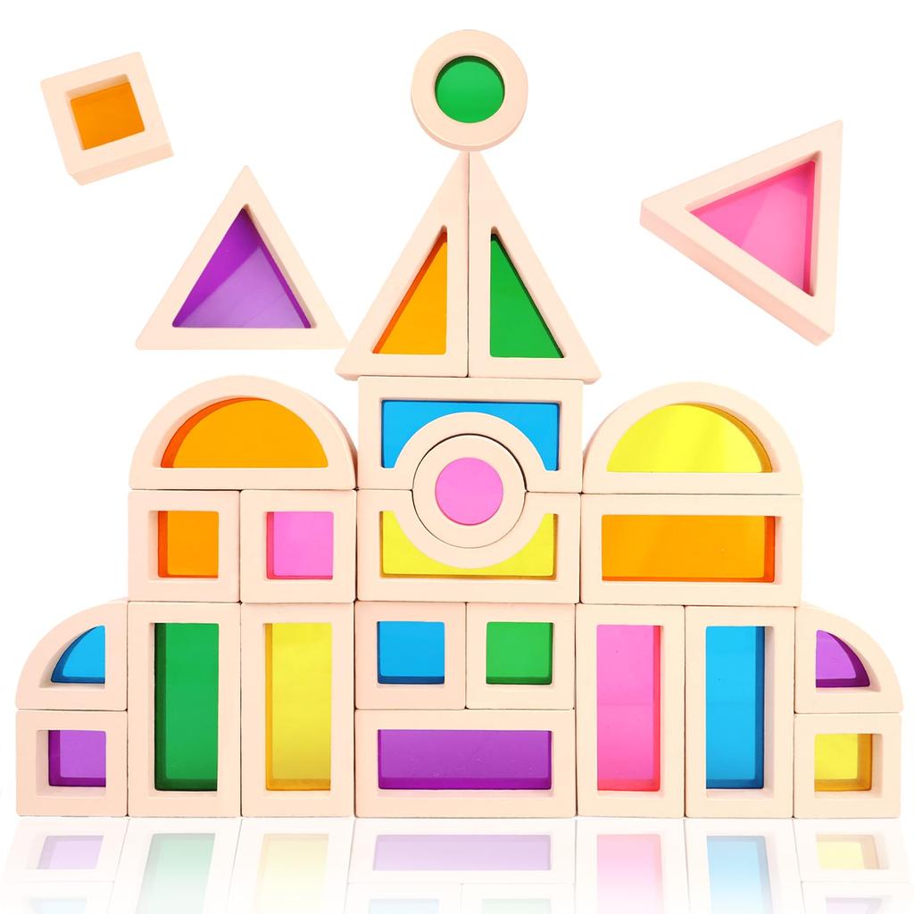 CORPER TOYS Clear Building Rainbow Colored Building Blocks Acrylic Wooden Colorful Rainbow 3D Birthday Christmas Blocks, Set, 25-Piece Toy, Blocks,