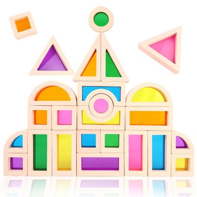 CORPER TOYS Clear Building Blocks, Rainbow Colored Building Blocks Set, 25-Piece Acrylic Toy, Wooden Blocks, Colorful Rainbow Colors, Montessori, 3D