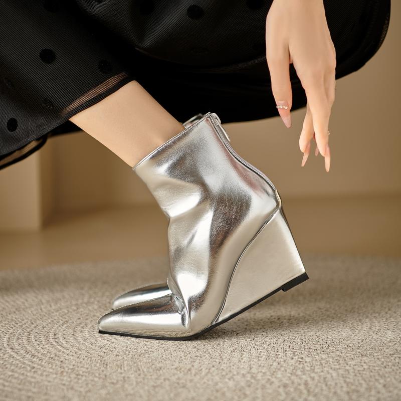 Women's Wedges Boots Gold Silver Pointed Toe Shoes 2024 Autumn Winter Ankle Boots Comfy French Concise Footwear