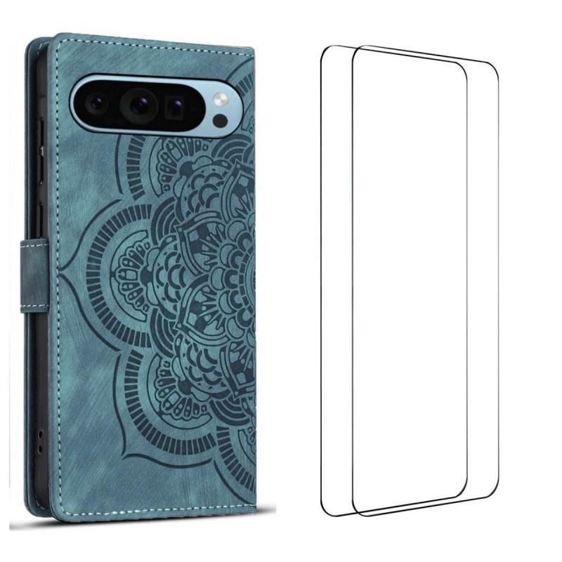 

For Google Pixel 9 Pro XL Case with 2Pcs Tempered Glass WANLONFENG MTL Series Mandala Leather Phone Cover Blue